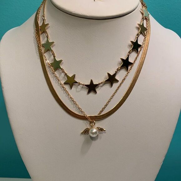 3 seperate gold coloured chains as bundle, pearl, stars, wide snake link - Picture 2 of 15